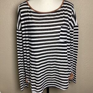 Hem & Thread Women's Black White Striped Long Sleeve Pocket Top Tan Trim‎ Medium